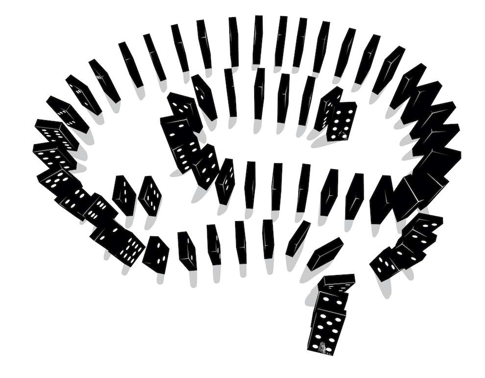 Ulla Puggaard, Black and white conceptual illustration of dominos shape as a brain 
